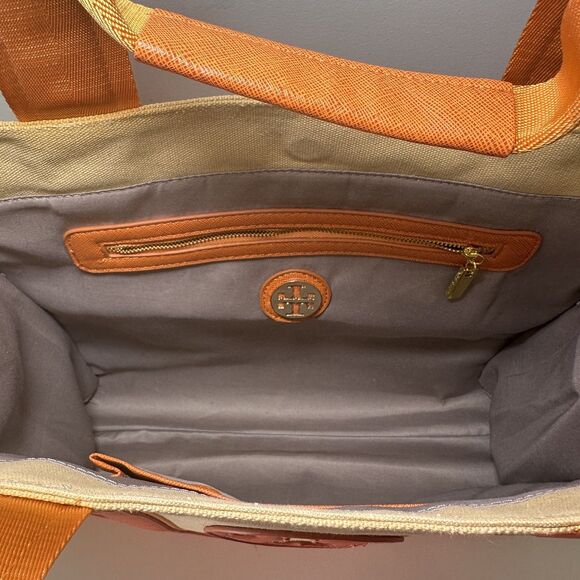 TORY BURCH Tote Bag Orange Leather Canvas Top Handle Limited Edition EUC Rare - Picture 2 of 9